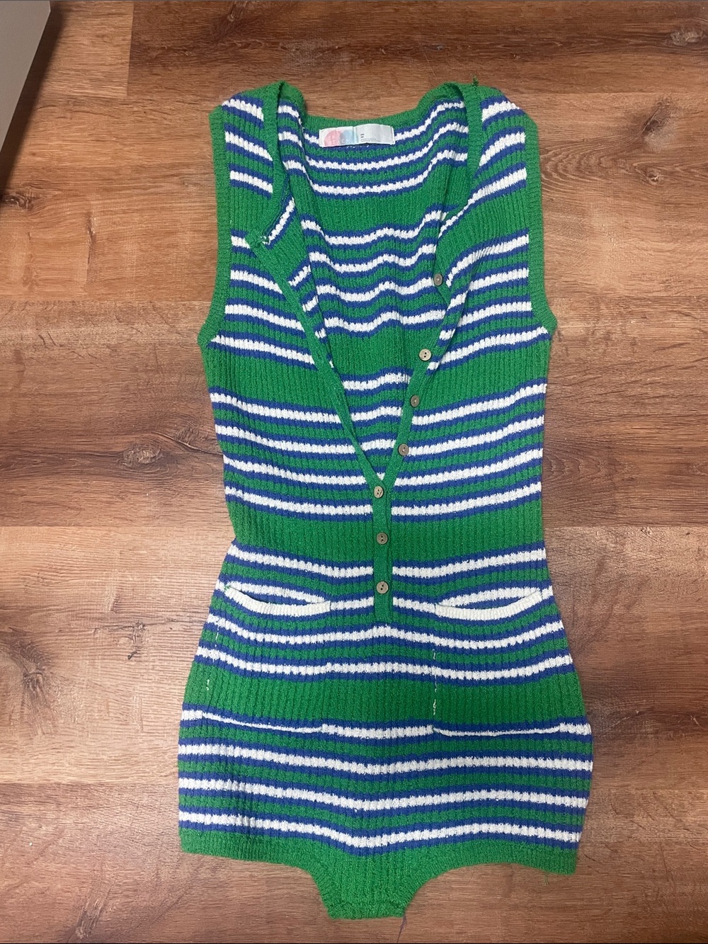 Free People Green Striped Ribbed Tank Bodysuit with Blue and White Stripes